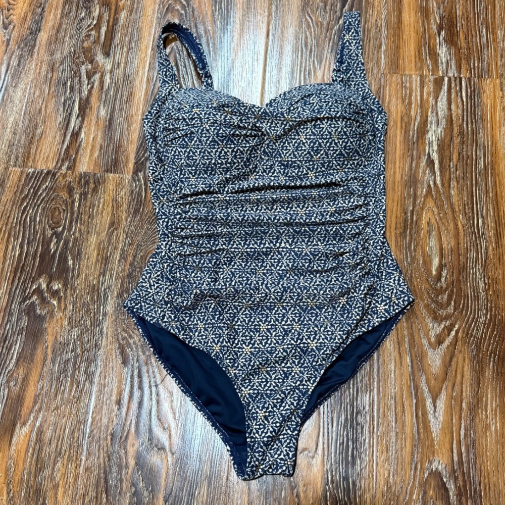 Nip Tuck Swim Womens Size 6 Navy Blue Geometric Ruched One Piece Swimsuit Padded
